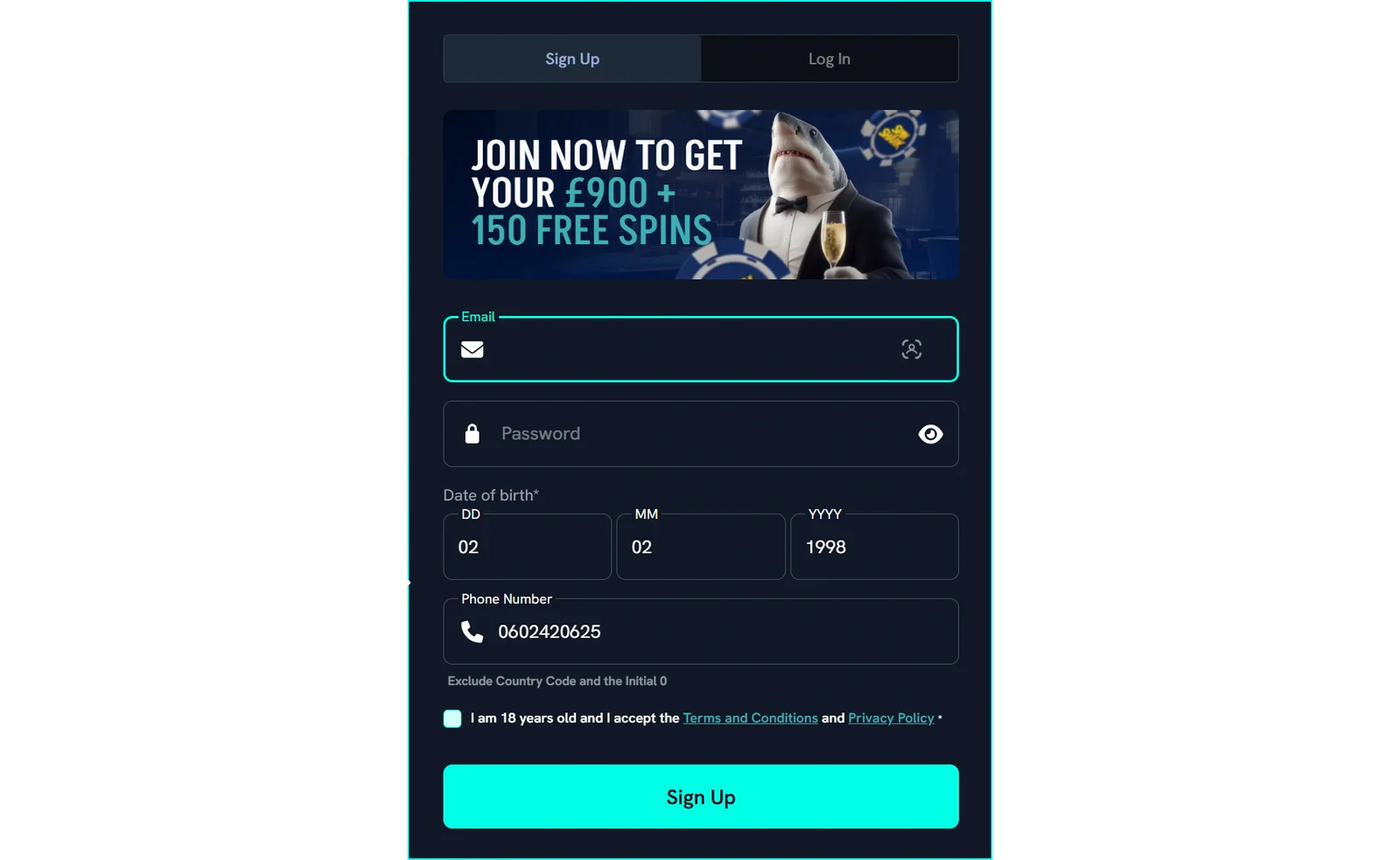 SpinShark Casino account registration and player login